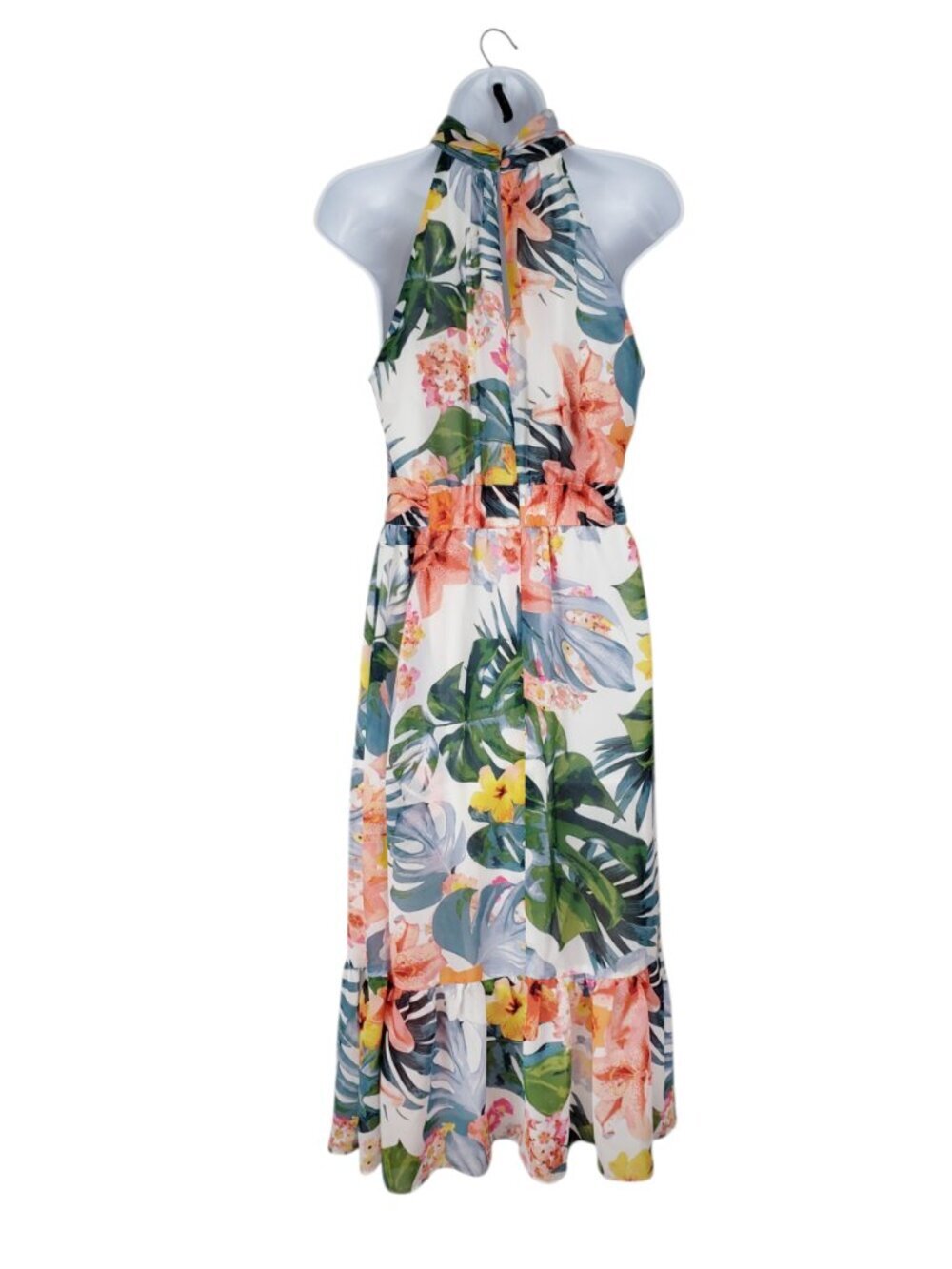 Eliza J Halter Blouson Midi Dress Multicolor White Floral Flounce Womens 8 - Picture 2 of 9